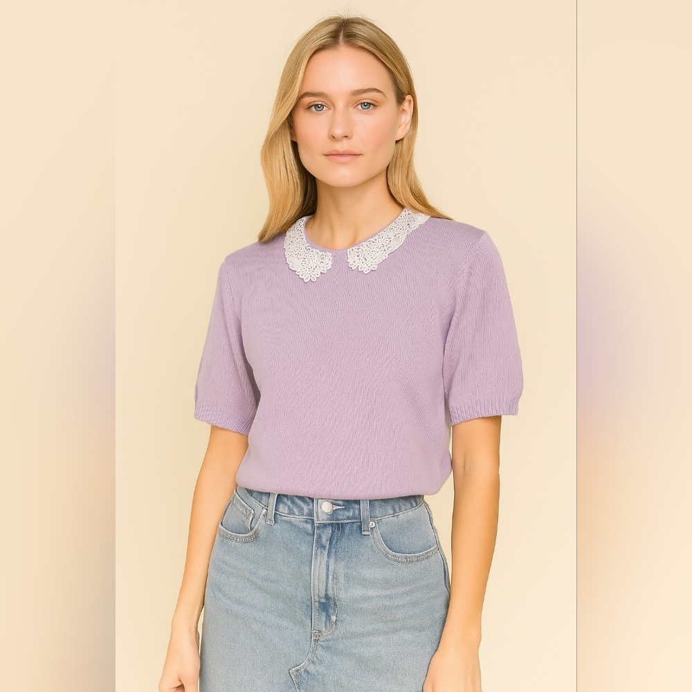 Vintage 80s Luis de Maire Purple Knit Top with Crochet Lace Peter Pan Collar M
